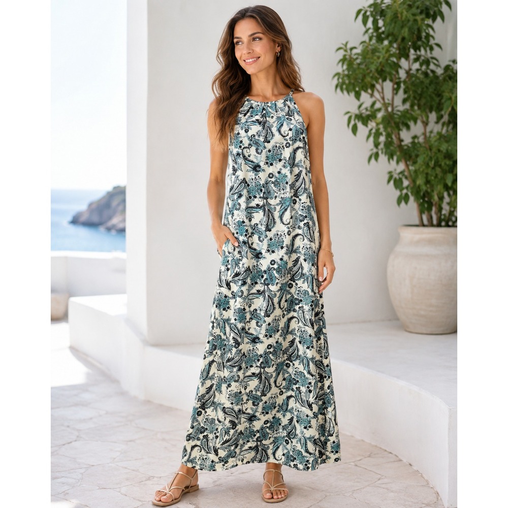 LOFT Womens Paisley Maxi Dress Size 4 Blue Cream Sleeveless Halter Boho